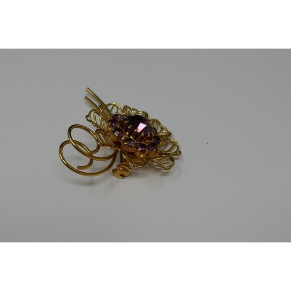 Gold Tone Purple Colored Rhinestones Flower Pin Brooch - Picture 6 of 9